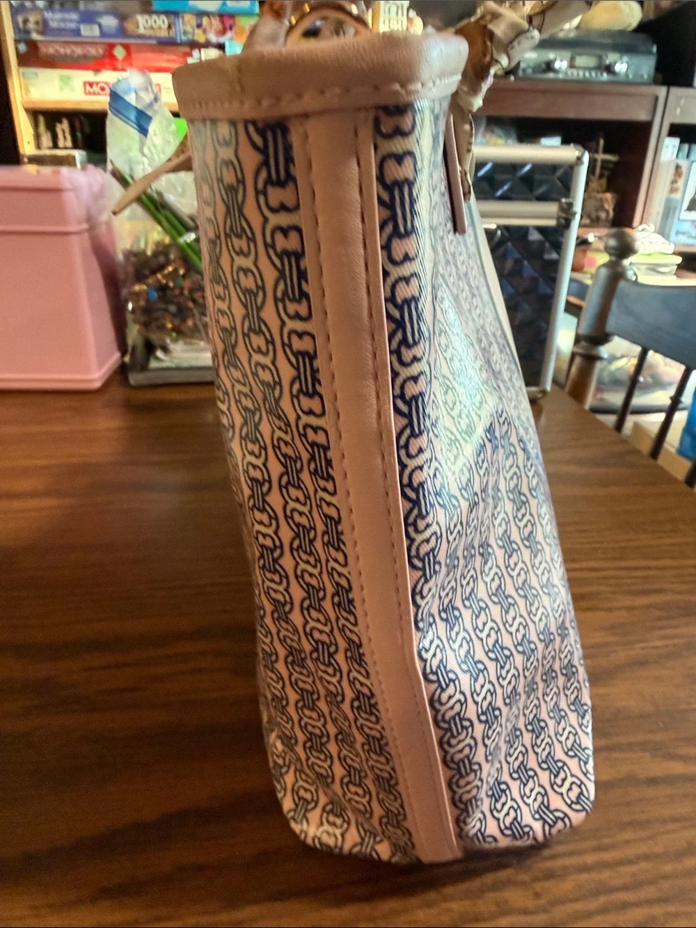 Tory Burch Pink and Navy Patterned Stripe Gemini Tote NWT
